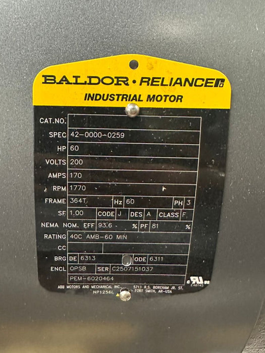 Baldor Hydraulic Elevator Pump Motor 60HP and 364T Frame - neeep.com