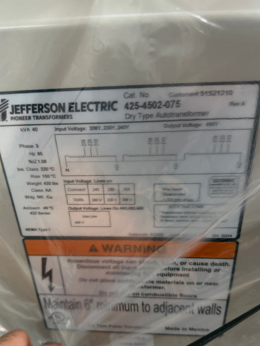 Jefferson Electric Dry Type Auto Transformer 425-4502-075 - neeep.com