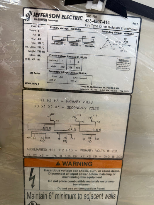 Jefferson Electric Dry Type Drive Isolation Transformer 423-4507-414 - neeep.com