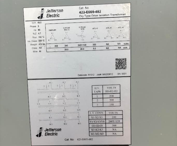 Jefferson Electric Dry Type Drive Isolation Transformer 423-E005-482 - NEEEP.COM